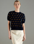 NAMI 13 Navy/mustard cashmere jacquard short-sleeve round-neck sweater