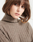 LILLY 15 Cashmere turtleneck sweater in traditional taupe ribbing