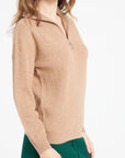 LILLY 28 Camel cashmere rib-knit zip-up funnel-neck sweater