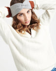 LILLY 28 Ecru White Cashmere rib-knit zip-up funnel neck sweater