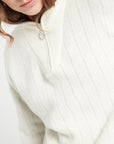 LILLY 28 Ecru White Cashmere rib-knit zip-up funnel neck sweater