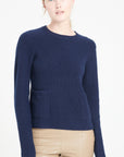 LILLY 32 Round-neck cashmere sweater in navy blue 4-thread count English ribbing