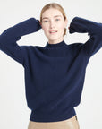 MIA 1 Cashmere rib knit stand-up collar sweater navy blue