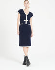 MIA 2 V-neck cashmere midi dress in milano knit navy blue