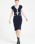 MIA 2 V-neck cashmere midi dress in milano knit navy blue