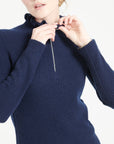 MIA 4 Ribbed cashmere zipped pullover falbala collar navy blue