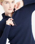 MIA 4 Ribbed cashmere zipped pullover falbala collar navy blue