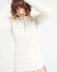 MIA 4 Ribbed cashmere zipped pullover with falbala collar, ecru white