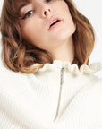 MIA 4 Ribbed cashmere zipped pullover with falbala collar, ecru white