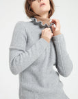 MIA 4 Light grey ribbed cashmere zip-up sweater with falbala collar