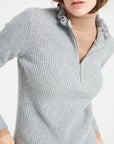 MIA 4 Light grey ribbed cashmere zip-up sweater with falbala collar