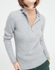 MIA 4 Light grey ribbed cashmere zip-up sweater with falbala collar