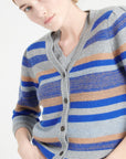 MIA 11 Striped cashmere V-neck cardigan with puffed sleeves 6 multi-colored yarns