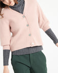 MIA 13 V-neck cashmere cardigan short-sleeved rib knit powder pink