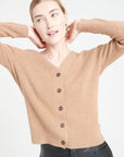 MIA 14 Camel cashmere V-neck cardigan with ribbed stitches