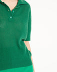 AVA 1 Short-sleeved cashmere polo shirt in emerald green pointelle knit