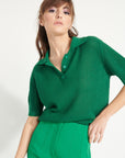 AVA 1 Short-sleeved cashmere polo shirt in emerald green pointelle knit