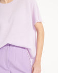 AVA 6 T shirt in cashmere with round-neck, short sleeves and chiselled lilac trim