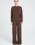 ZAYA 19 Round-neck cashmere sweater with color stripe on sleeves in brown