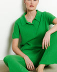 RIA 13 Apple green cashmere croptop polo shirt in traditional ribbing