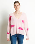 RIA 20 Oversized V-neck cashmere sweater with cloud print in baby pink /Indian pink