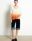 RIA 7 V-neck sweater with batwing tie sleeves ecru white/pumpkin orange