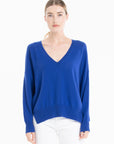 NAMI 23 V-neck cashmere sweater with petrol blue/ecru stripe