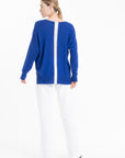 NAMI 23 V-neck cashmere sweater with petrol blue/ecru stripe