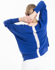 NAMI 23 V-neck cashmere sweater with petrol blue/ecru stripe