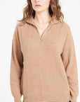 LILLY 28 Camel cashmere rib-knit zip-up funnel-neck sweater